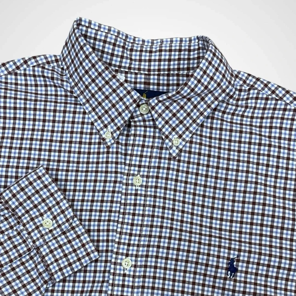 Polo Ralph Lauren Shirt Mens XL Long Sleeve Button‎ Up Blue Brown Check MINT